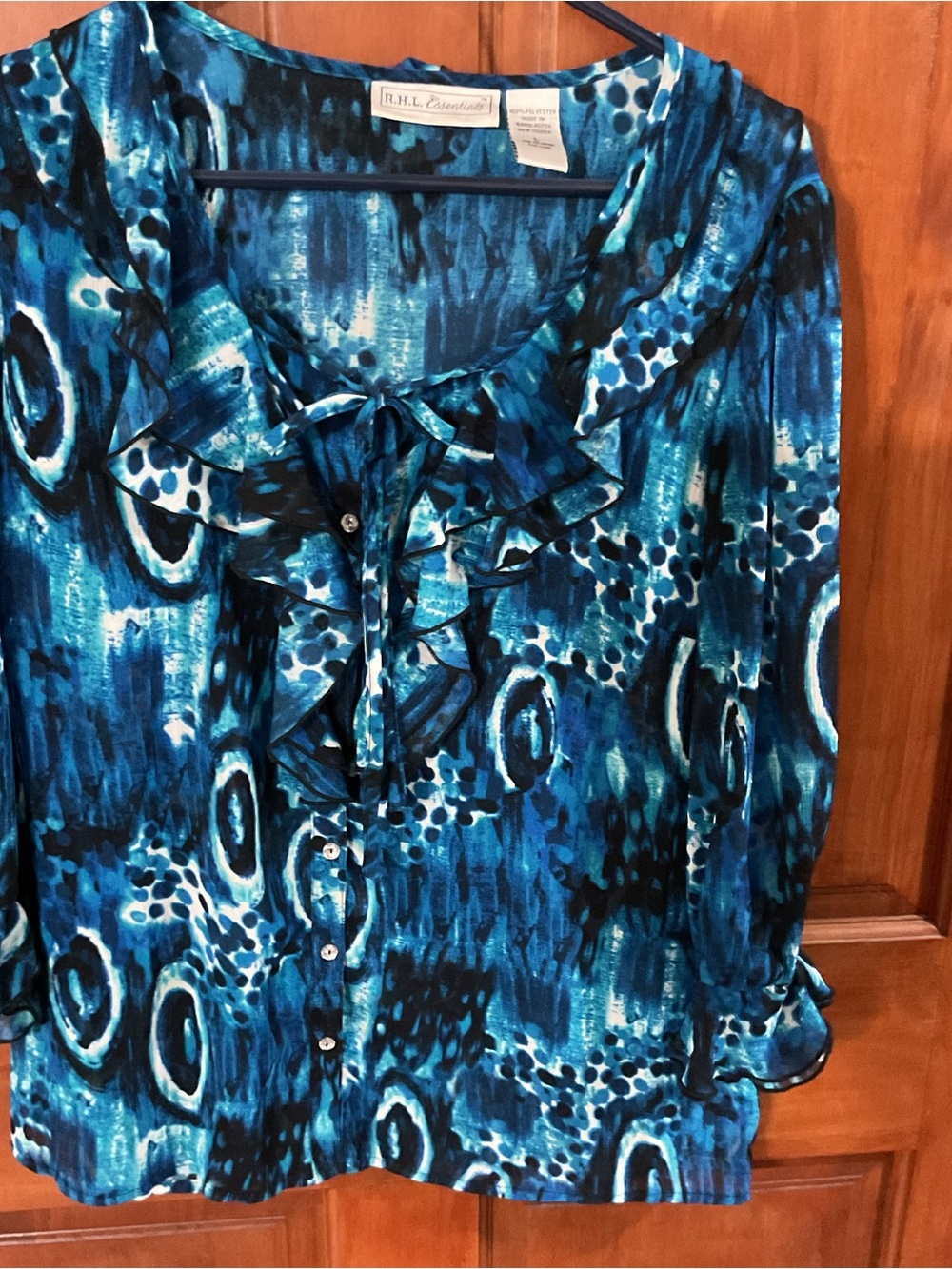 Essentials Blue Patterned Ruffle-Tie Front Blouse - Picture 1 of 3